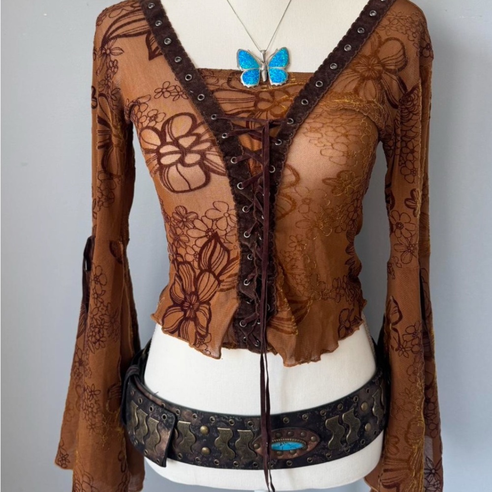 ISO Brown Floral Lace-Up Women's Top